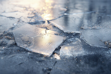 Cracked ice surface with broken shards reflecting sunlight in a cold environment.