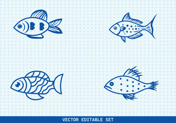 This editable vector set features four unique hand-drawn fish illustrations. perfect for seafood menus, kids’ books, educational materials, aquarium infographics