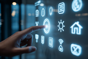 Finger touching glowing smart home control interface on digital screen.