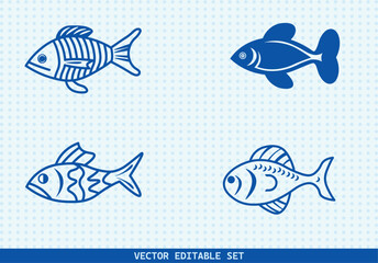 This editable vector set features four unique hand-drawn fish illustrations. perfect for seafood menus, kids’ books, educational materials, aquarium infographics