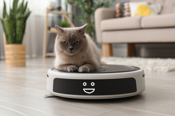 Gray cat sitting on a robotic vacuum cleaner in a living room.