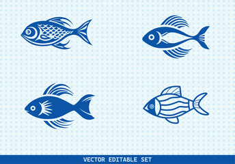 This editable vector set features four unique hand-drawn fish illustrations. perfect for seafood menus, kids’ books, educational materials, aquarium infographics