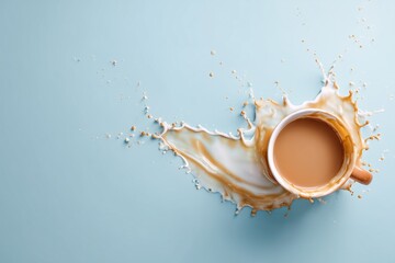 Spilled coffee cup with milk splash on light blue background.