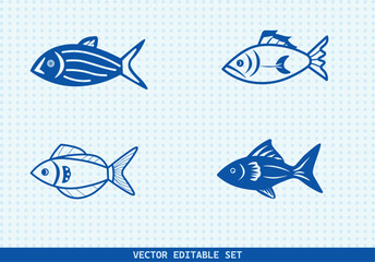 This editable vector set features four unique hand-drawn fish illustrations. perfect for seafood menus, kids’ books, educational materials, aquarium infographics