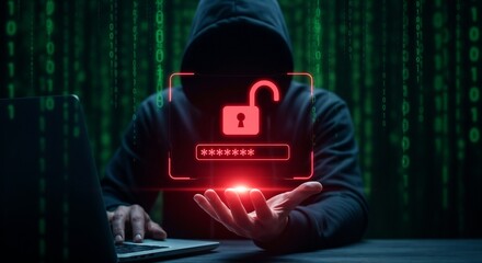 Cybersecurity threat concept. Hacker hand reveals glowing unlocked padlock and password, Digital crime warning data breach, cyber attack, and digital vulnerability in a dark internet security.	
