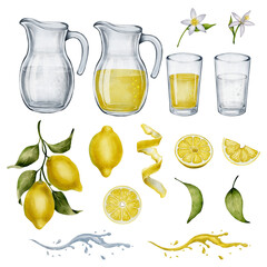 Watercolor set: jugs, lemons, slices, leaves, flowers and splashes of lemon juice. Isolated on a white background. For packaging, menus, summer posters and culinary graphics. 