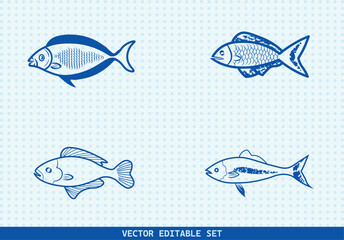 This editable vector set features four unique hand-drawn fish illustrations. perfect for seafood menus, kids’ books, educational materials, aquarium infographics