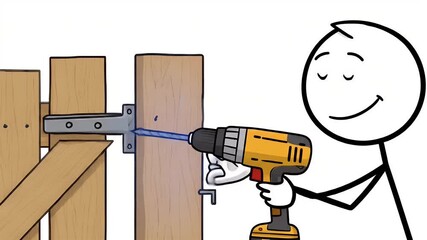 Cartoon Stick Figure Repairs Wooden Gate