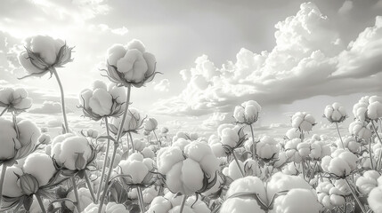 Field with ripe, open cotton pods in style of three-dimensional black-and-white pencil drawing. Opened fluffy cotton flowers buds, ready for harvesting. On background of sky. Close-up. Copy space.