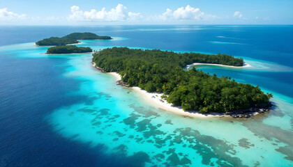Fototapeta premium Aerial Drone View of Small Tropical Island with White Sand and Turquoise Water – Stunning Paradise Landscape for Travel, Nature, and Adventure Photography Concepts 