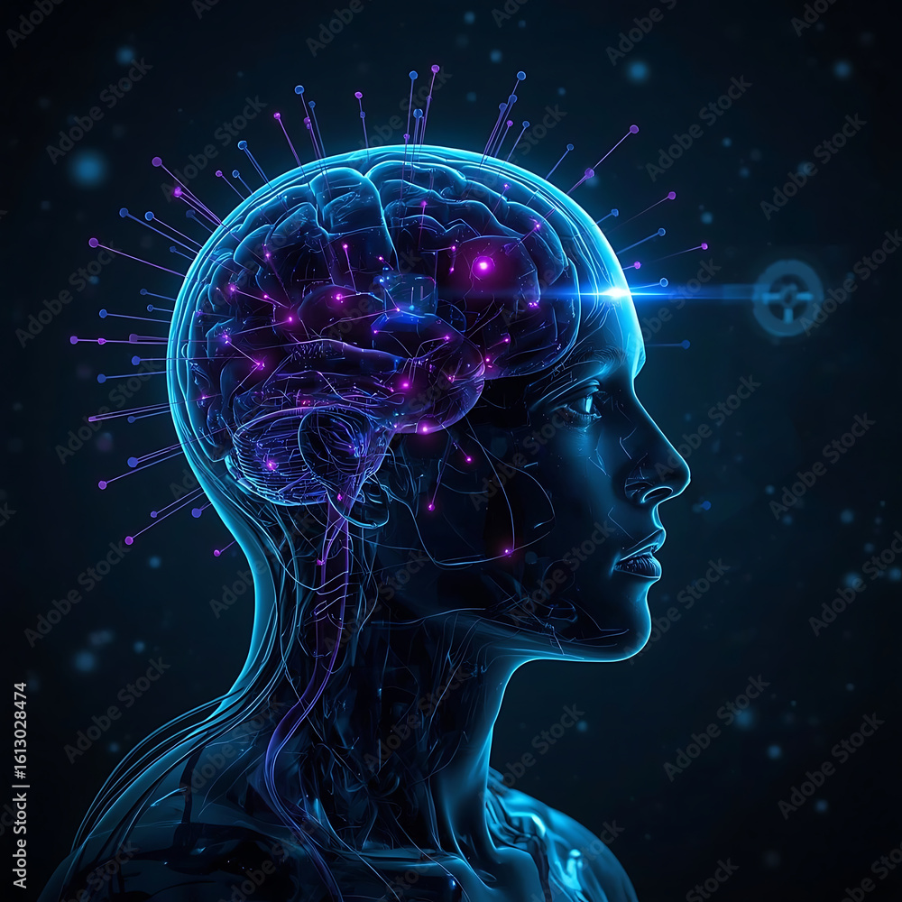 Fototapete human head with binary code background and digital brain design