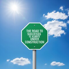 Green octagonal signpost with inspirational message against blue sky white text