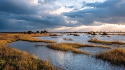 Obraz premium Scenic View Of Wetlands At Sunset With Dramatic Clouds. Nature'S Tranquility And Beauty