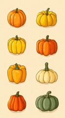 Different varieties of pumpkins displayed in a grid on a light background highlighting their colors and shapes