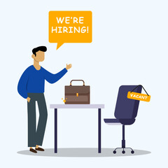 A businessman announcing to hiring new employee for join on his team. Concept of recruitment service, employees hiring, job vacant and search for job candidates.