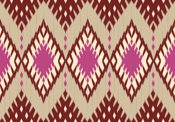 A dynamic seamless ikat fabric with layered diamond motifs in red, cream, and pink over a deep cream background, conveying vibrant folk tradition and energy.