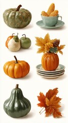 Autumn harvest arrangement featuring pumpkins, gourds, and corn on a light background