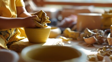 Child shaping clay in a pottery workshop.