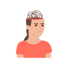 Woman experiences mental tension, symbolizing anxiety and overwhelming tangled thoughts. Emotional stress and cognitive pressure. Vector flat illustration