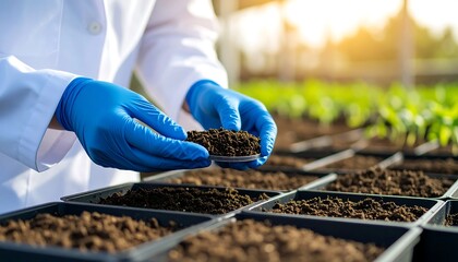 Scientist in lab coat examining soil sample in greenhouse with closeup, and sunny day.