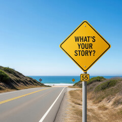 Yellow diamond sign asking what is your story yellow sign text