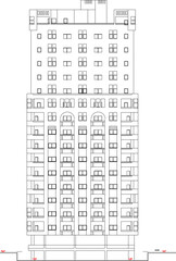 Vector sketch illustration silhouette drawing of architectural engineering design of high-rise apartment hotel building skyscraper with scale size