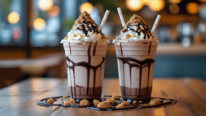 Decorative milkshakes in clear cups with chocolate swirls and cozy background. Ideal for bakery branding, food blogs, and inviting culinary content.