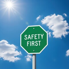 Green safety sign against blue sky with sun and clouds green sign safety first