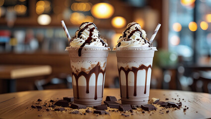 Chocolate milkshakes topped with cookie crumbs in warm cafe setting. Great for restaurant marketing, sweet treat campaigns, and lifestyle visuals.