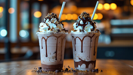 Tasty chocolate milkshakes with dreamy bokeh background and appetizing presentation. Perfect for beverage ads, cafe themes, and delicious food photography.