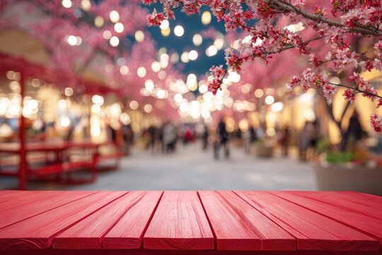 Red wooden table against blurred night street scene with cherry blossoms