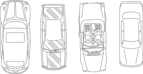 vector sketch illustration silhouette design image of a four-wheeled car seen from above 
