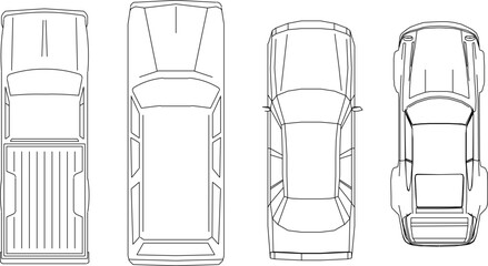 vector sketch illustration silhouette design image of a four-wheeled car seen from above