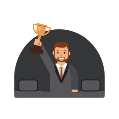 Triumphant Speaker Celebrating Success with Award Victory Speech at Podium