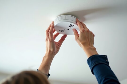 Elegant Installation: Modern Smoke Detector Positioned by Hand on Ceiling Wall - Powered by Adobe