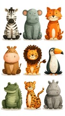Colorful cartoon animals including zebra, hippo, and lion displayed in a playful arrangement for children’s design inspiration