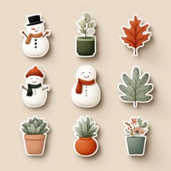 Winter-themed decorative stickers featuring snowmen, plants, and foliage on a neutral background