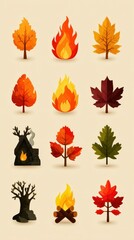 Colorful autumn leaves and flames in a warm, artistic display of seasonal elements
