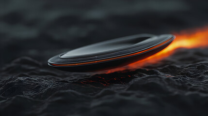 Dark Hovering Metallic Object Over Lava Surface