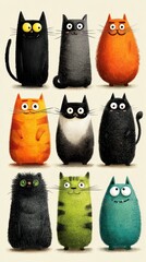 Colorful cartoon cats in various playful poses create a delightful and whimsical display of personality and charm