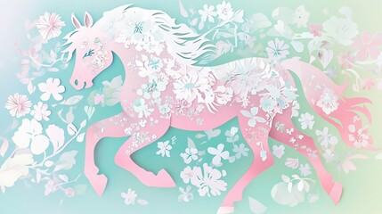 Dreamy paper cut-out style horses paired with delicate floral patterns in soft pink tones and a mint green background make for an elegant nursery wall art piece for baby room decor.