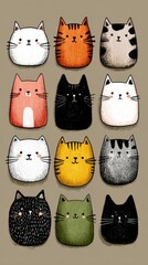 Colorful illustrated collection of cute cats with distinct patterns and expressions on a neutral background