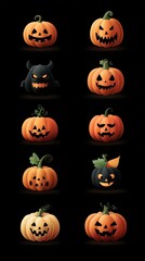 Variety of Halloween pumpkins with unique designs and expressions set against a black background