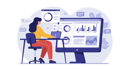 Woman Analyzing Data on Computer Modern Flat Illustration Business Analytics Concept.