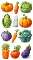 Colorful collection of cartoon vegetables and a friendly ghost in playful design