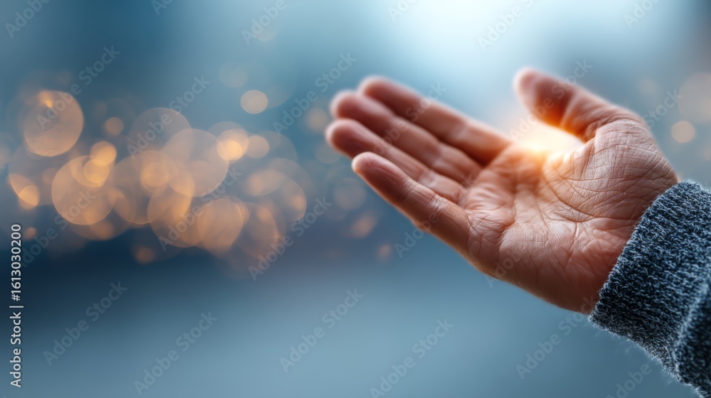 Poster a close-up of an open hand catching warm sunlight with a blurred background featuring soft bokeh lig