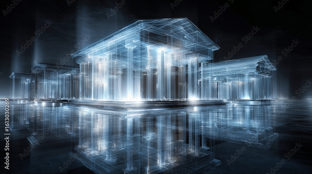 Poster a modern building 3d architecture hologram simulation