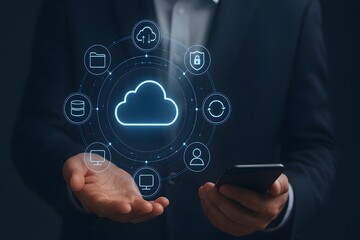 Businessman holding smartphone with digital screen showing glowing cloud computing icon and connected data storage sharing synchronization network and secure access symbols
