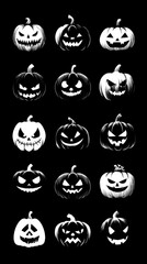 Unique Halloween pumpkin designs featuring various expressions against a black background for festive decorations