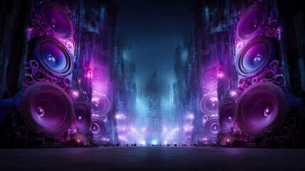 Giant speakers on a city street, blue and purple colors, cyberpunk style, urban and loud music concept